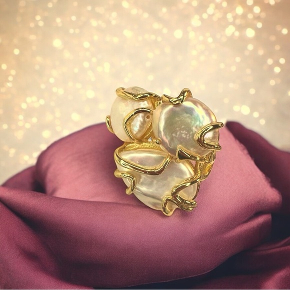 NEW Natural Freshwater Pearl GoldPlated Abstract Wrapped Adjustable Trilogy Ring - Picture 2 of 16